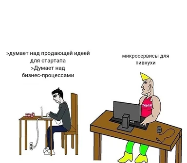 cartoon of two developers with one thinking at a desk and another with a muscular build and thwip shirt on, working on microservices for a bar