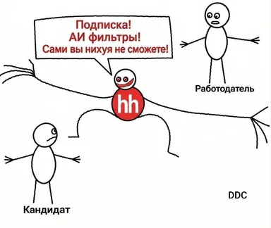 Stick-figure comic: a character with the red hh logo hangs from a rope shouting about subscriptions and AI filters, while an