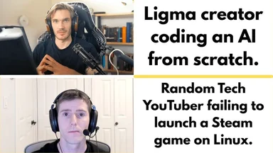 Two-panel meme comparing a confident creator coding an AI from scratch to a confused tech YouTuber failing to launch a Steam