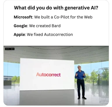 Tim Cook on stage in front of an Autocorrect slide