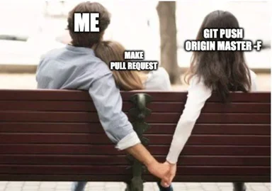 a man and woman sitting on a bench with their backs to the camera. The man is labeled 'ME' and the woman is labeled 'GIT PUSH ORIGIN MASTER -F'. The man is also labeled 'MAKE PULL REQUEST'