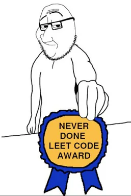 Cartoon man receiving a 'NEVER DONE LEET CODE AWARD' badge