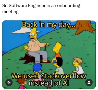 The Simpsons scene with Bart sitting on a tree stump telling stories to other kids, with the text 'Back in my day... We used Stackoverflow instead of AI'