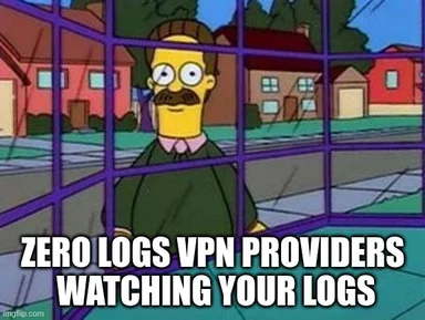 Nelson Muntz from The Simpsons looking through bars with the caption 'ZERO LOGS VPN PROVIDERS WATCHING YOUR LOGS'