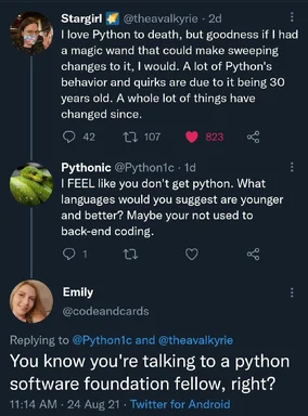 a twitter conversation about python programming
