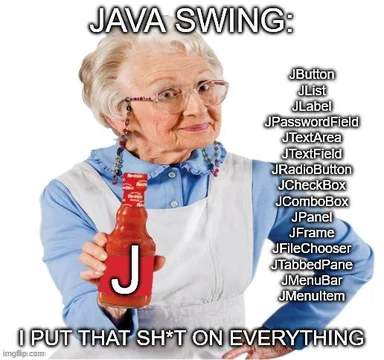 Elderly woman holding a bottle of hot sauce with a 'J' label, representing Java Swing