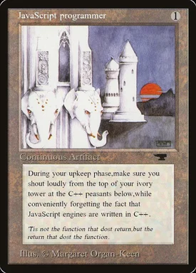 Magic: The Gathering-style card depicting an ivory tower with elephant heads, labeled 'JavaScript programmer'