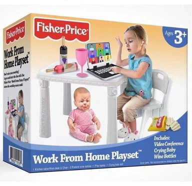 Fisher-Price Work From Home Playset box with a girl on a video call and a crying baby doll