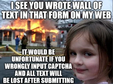 Smiling girl in front of a burning house with text about losing form data