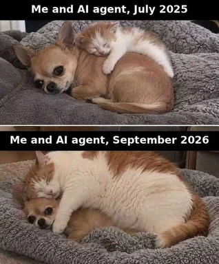 Two-panel meme: a small kitten napping on a chihuahua labeled 'Me and AI agent, July 2025' versus a fully grown cat