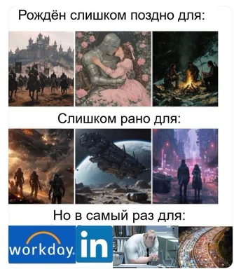 humorous meme about being born too late for historical romance and too early for space sci-fi but just in time for workday and linkedin