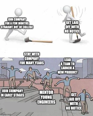 career path meme comparing short-term and long-term employee layoffs