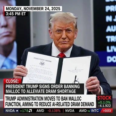 Donald Trump holding an executive order banning malloc to alleviate DRAM shortage