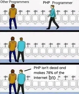 Cartoon of programmers at urinals, one saying PHP isn't dead and makes 78% of the Internet bro