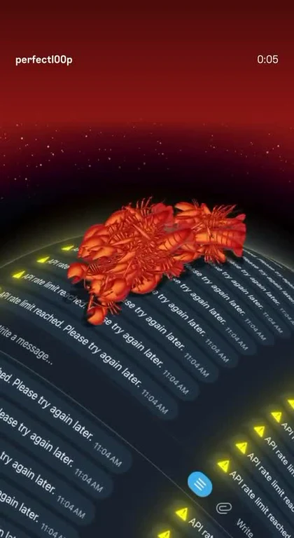 Lobster on a computer screen with API rate limit errors