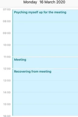 A calendar schedule with a humorous take on meeting preparation and recovery