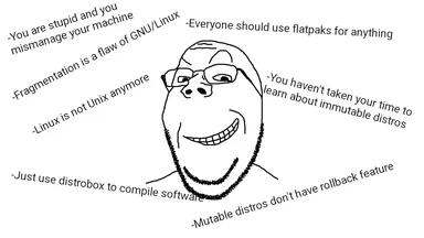 a cartoon drawing of a man with a smug expression surrounded by text about linux distros
