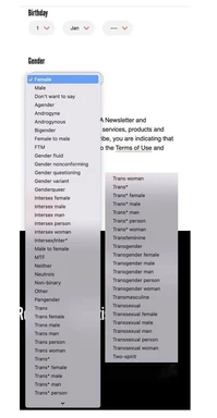 A form with a long gender dropdown next to backend code that maps every option to a binary 0 or 1 value