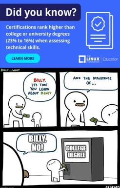 A comic strip meme comparing the value of certifications versus college degrees in assessing technical skills
