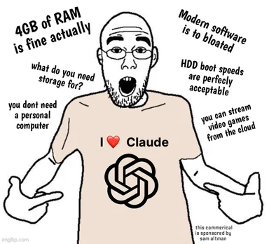 Man in a Claude t-shirt surrounded by text about outdated computer hardware specs