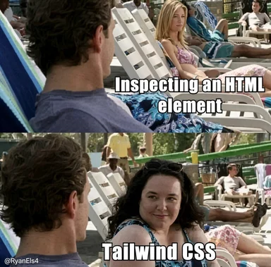 Two-panel poolside expectation-versus-reality meme: a man looks at a woman in a bikini labeled 'Inspecting an HTML element',