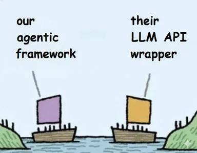 Two boats on water; the left boat is labeled 'our agentic framework' and the right boat is labeled 'their LLM API wrapper'.