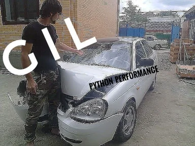 man standing next to crashed white car with GIL and PYTHON PERFORMANCE text