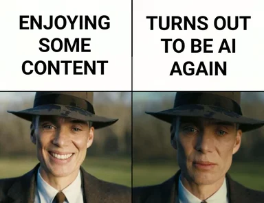 Two-panel meme of a man in a fedora smiling in the first panel and looking flat and disappointed in the second, captioned