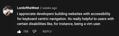 Comment about appreciating developers for keyboard centric navigation accessibility