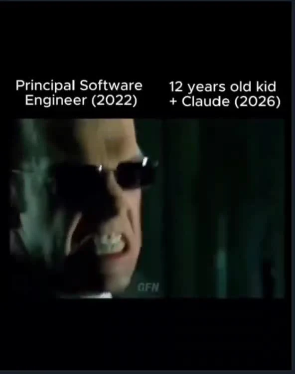 Split screen meme comparing a frustrated Principal Software Engineer from 2022 with a 12-year-old kid using Claude in 2026.