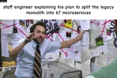 staff engineer explaining plan to split legacy monolith into 67 microservices