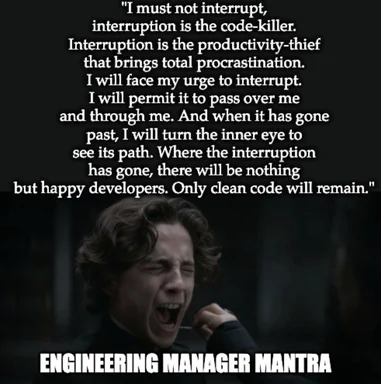 Engineering manager mantra meme with a still from a movie