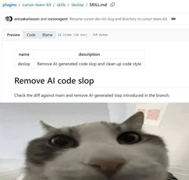 Close-up of a skeptical-looking cat with the text 'Remove AI code slop'
