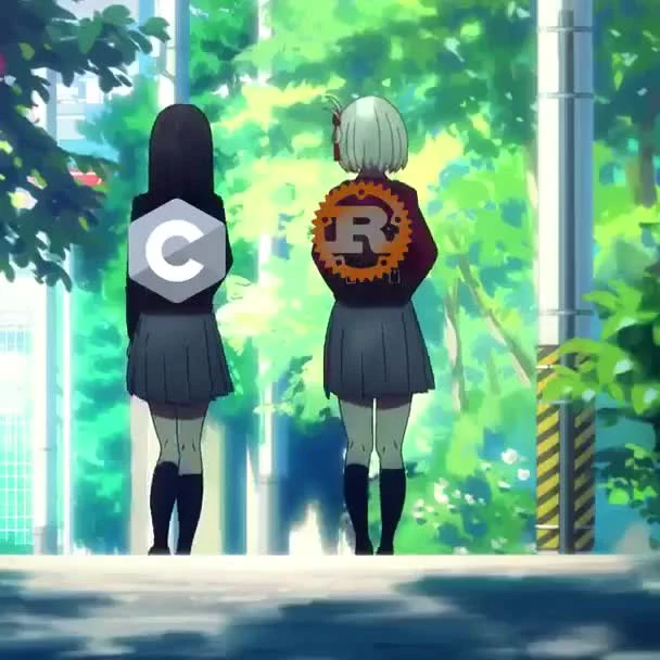 Two anime girls with C and R symbols on their backs