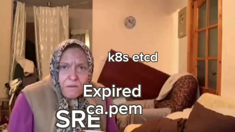 Woman with headscarf looking concerned with text overlay: 'k8s etcd', 'Expired ca.pem', 'SRE'