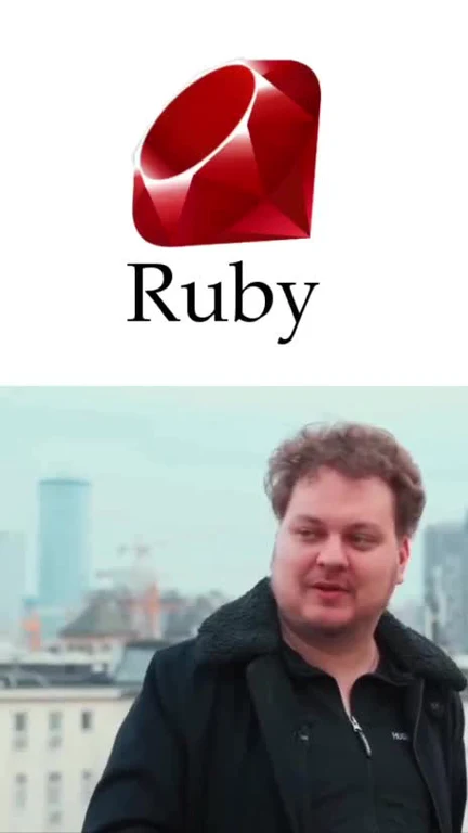Ruby logo with a skeptical man