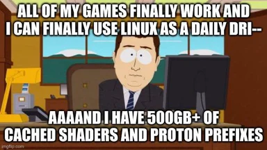 disappointed office worker with text about linux gaming performance