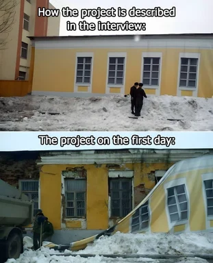 Meme of a building described in an interview versus its first day of construction