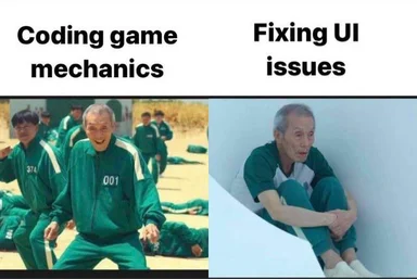 Two-panel Squid Game meme contrasting a confident player coding game mechanics with a dejected player fixing UI issues