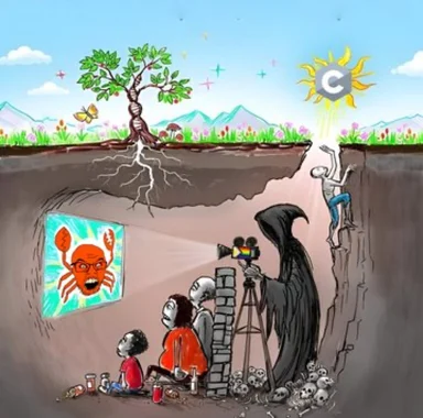 Cartoon of people in a cave watching a screen with a crab face, while a grim reaper films them and one person climbs out to a sun with the letter C.