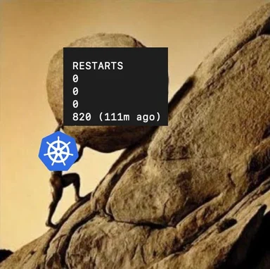Sisyphus pushing a boulder with a Kubernetes logo and a restart counter showing 820