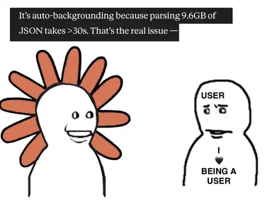 A developer reacts to a user's comment about auto-backgrounding due to slow JSON parsing.