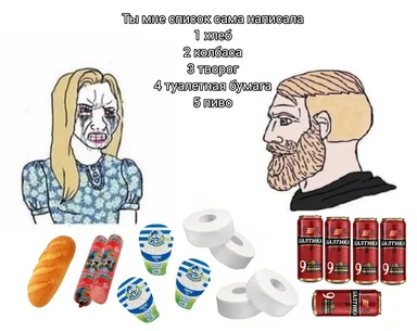 russian grocery list meme with angry woman and man