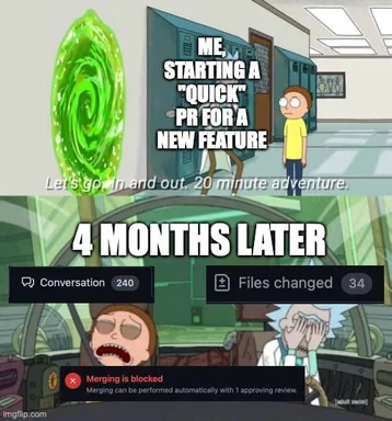 Rick and Morty scene with green portal, used to depict a developer's failed attempt at a quick pull request