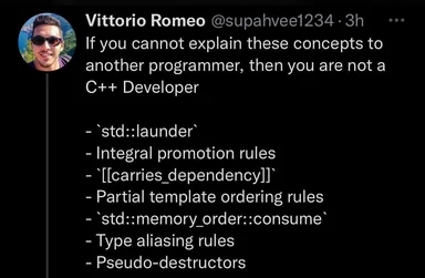 Tweet by Vittorio Romeo listing difficult C++ concepts to explain