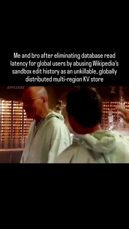 Two men laughing in a bar with text about using Wikipedia sandbox as a KV store