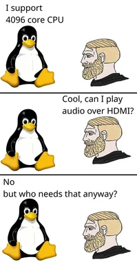Tux the penguin and a man discuss CPU cores and HDMI audio