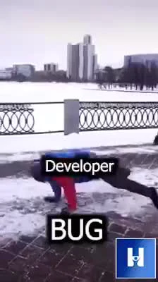Developer does handstand on snowy sidewalk with cityscape behind, labeled 'Developer' and 'BUG'