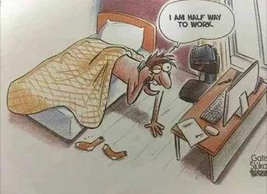 cartoon man crawling from bed to computer desk