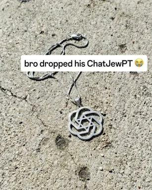 A Star of David pendant lies on cracked pavement with an overlaid text 'bro dropped his ChatJewPT'